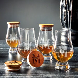 Personalized Glencairn Whiskey Glasses with Lids - Engraved Whisky Snifters, Etched Bourbon Glasses, Whiskey Snifter Glasses *