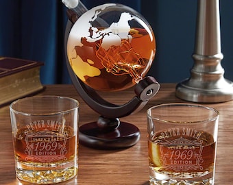 Personalized Globe Decanter Set - Globe Whiskey Decanter, Engraved Liquor Decanter, Glacier Bottom Whiskey Glasses Globe Shape *