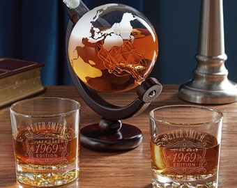 Personalized Globe Decanter Set - Globe Whiskey Decanter, Engraved Liquor Decanter, Glacier Bottom Whiskey Glasses Globe Shape *