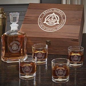 Engraved whiskey set with four personalized rocks glasses and wooden box.