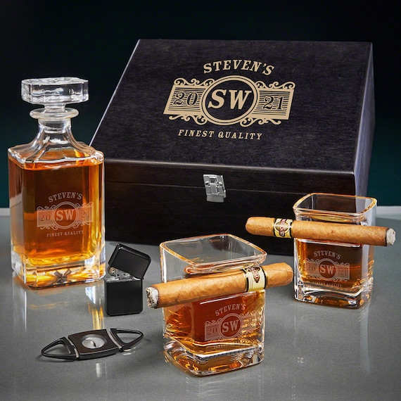 Whiskey and Cigar Gift Set for Men Engraved Cigar Gifts - Home Wet Bar