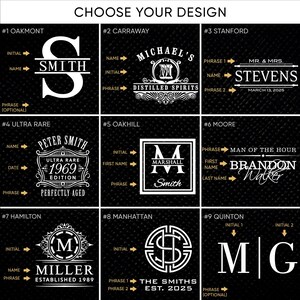 Pu&ograve; includere: Nove diversi design per regali personalizzati incisi. Ogni design presenta uno stile di carattere e un elemento grafico diverso, tra cui iniziali, nomi, date e frasi. I design sono visualizzati su uno sfondo nero.