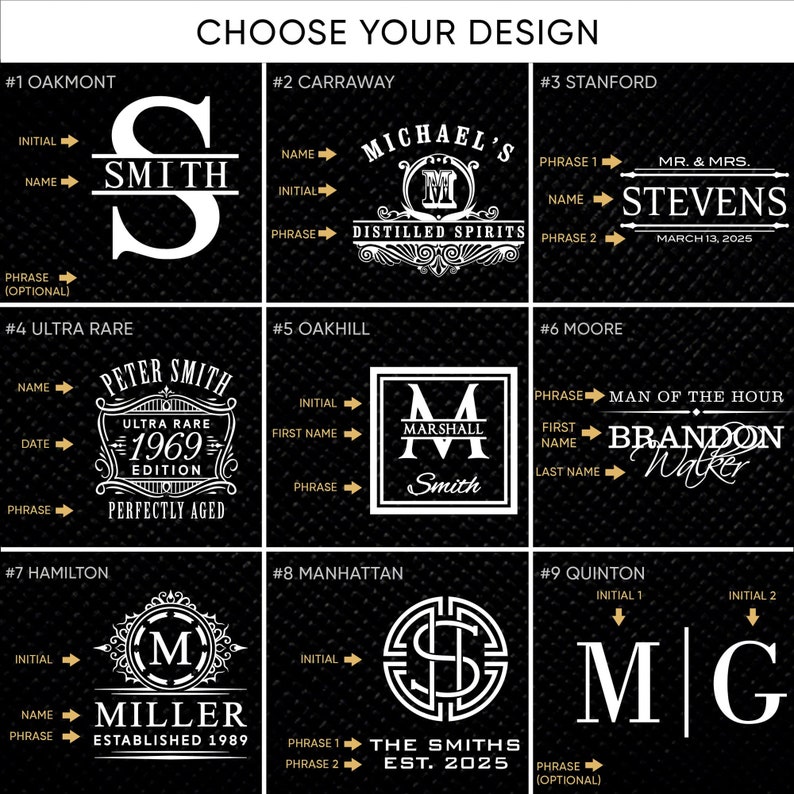Pu&ograve; includere: Nove diversi design per regali personalizzati incisi. Ogni design presenta uno stile di carattere e un elemento grafico diverso, tra cui iniziali, nomi, date e frasi. I design sono visualizzati su uno sfondo nero.
