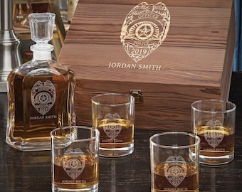 Custom Police Whiskey Decanter Set - Personalized Police Officer Gift, Police Badge Engraved Decanter, Police Retirement Gift
