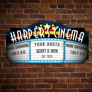 Close-up of home theater sign with title and three phrases.