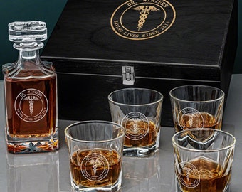 Engraved Whiskey Box Set for Doctors - Whiskey Engraved Decanter, Etched Rocks Glasses, Med School Grad Gift, Custom Doctor Gifts