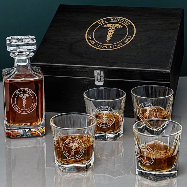 Engraved Whiskey Gift Set for Doctors - Engraved Whiskey Decanter, Etched Rocks Glasses, Med School Grad Gift, Custom Doctor Gifts -