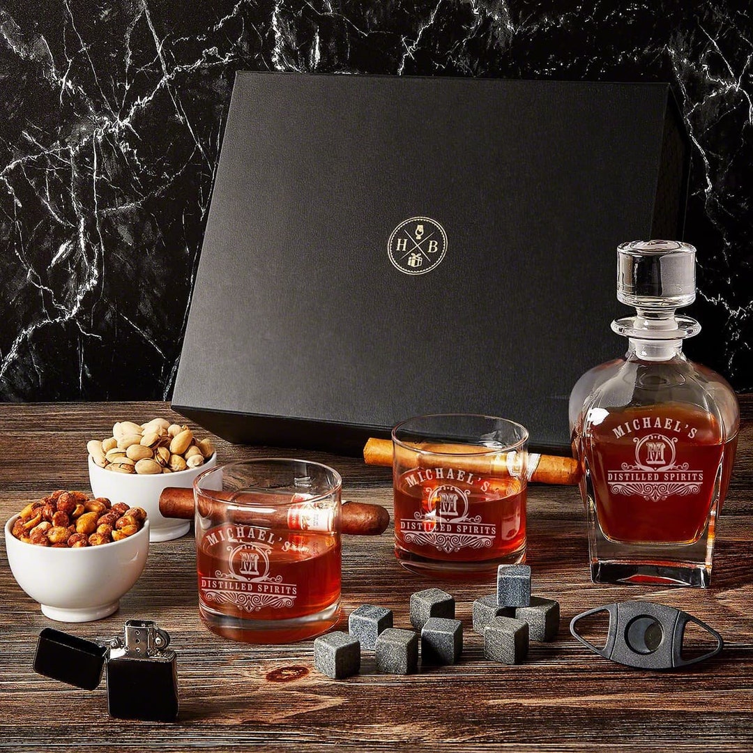 Engraved Decanter Set With Cigar Glasses Mens Gift Box Whiskey, Whiskey ...