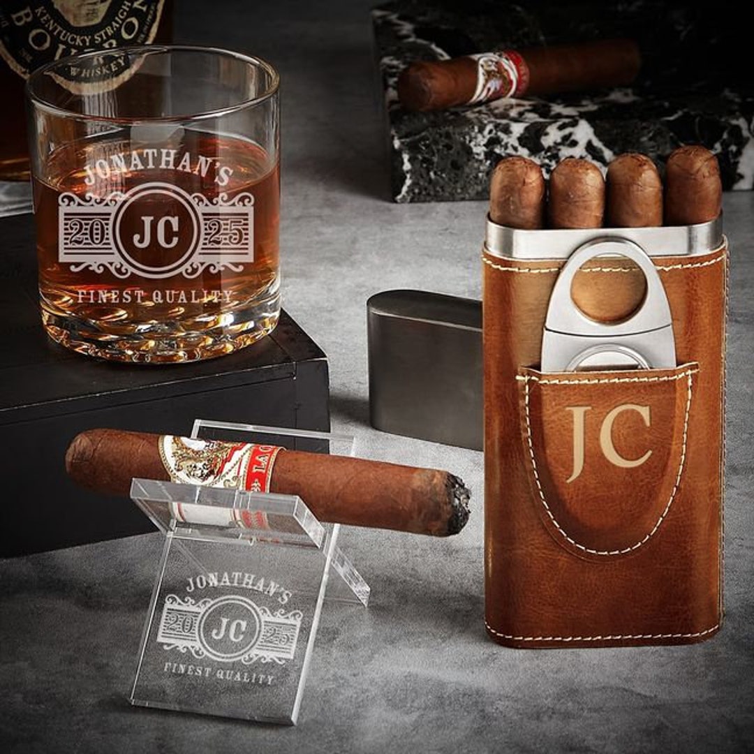 Custom Cigar and Whiskey Gift Set Groomsmen Gifts Etched Etsy