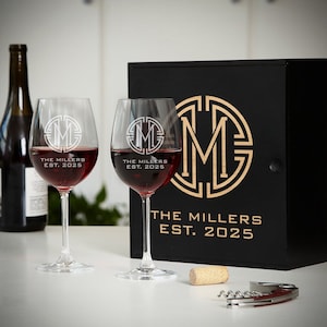 Engraved Wine Glasses with Custom Wood Wine Gift Box  - Personalized Wine Glasses, Engraved Wine Box, Wine Set Gift Box, Wine Wedding Gift