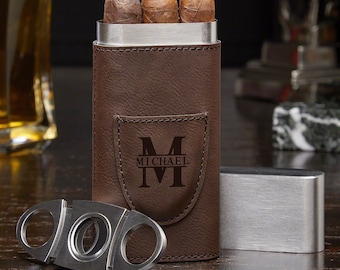 Custom Leather Cigar Case Set - Engraved Vintage Cigar Holder, Travel Case with Cutter