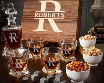 Engraved Whiskey Decanter 11pc Set - Personalized Gift for Whiskey Lovers, Custom Set with Glasses & Whiskey Stones, Birthday Gift for Dad