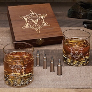 Sheriff Gift - Personalized Rocks Glasses and Bullet Whiskey Stones Set with Sheriff Badge Design - Gifts for Whiskey Lovers
