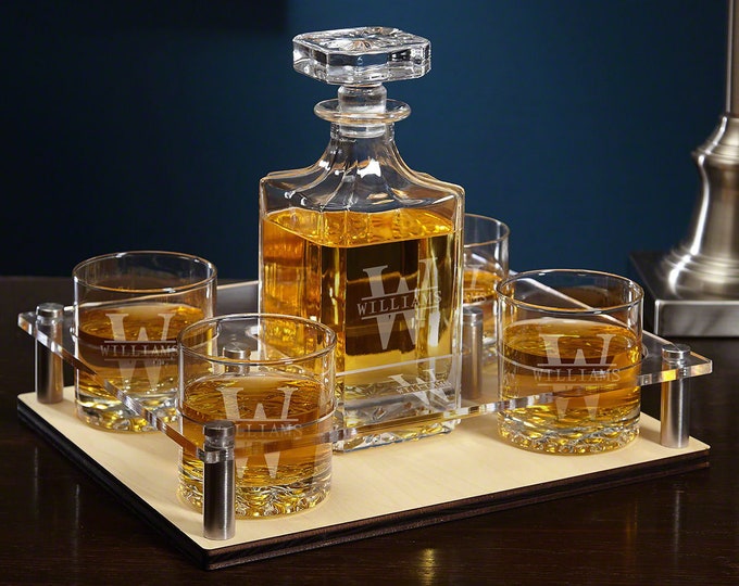 Custom Presentation Set with Decanter and Glasses - Personalized Bourbon Decanter, Etched Rocks Glasses, Set Options Available -
