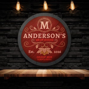 Renowned Brewhouse Custom Bar Sign - Personalized Wood Sign for Home Bar, Whiskey Barrel Decor, Man Cave Wall Art
