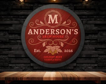Renowned Brewhouse Custom Bar Sign - Personalized Wood Sign for Home Bar, Whiskey Barrel Decor, Man Cave Wall Art