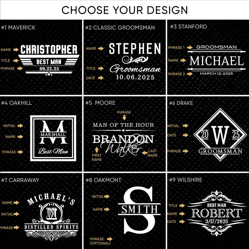 May include: Nine different designs for a personalized groomsman gift. Each design features a different name, title, and date. The designs are in a white font on a black background.