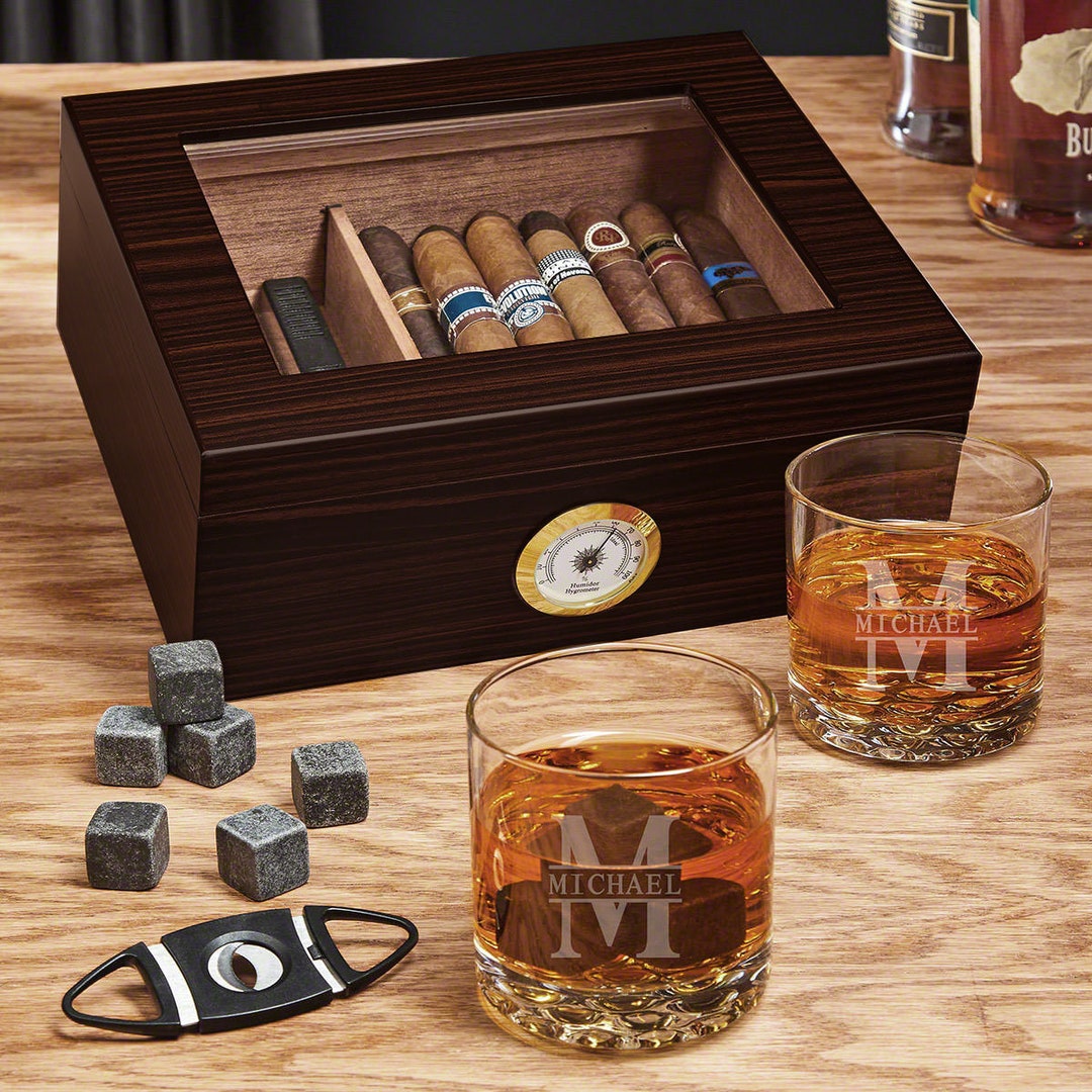 Personalized Cigar Humidor Gift Set Custom Whiskey Glasses, Etched ...
