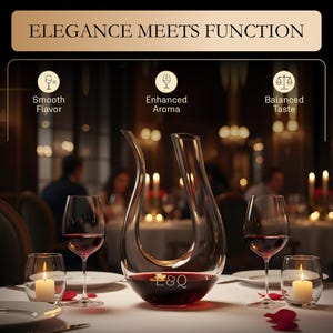May include: A clear glass wine decanter filled with red wine, flanked by two wine glasses and two candlelit votives. The decanter has a unique, curved design. The text "Elegance Meets Function" is at the top of the image.