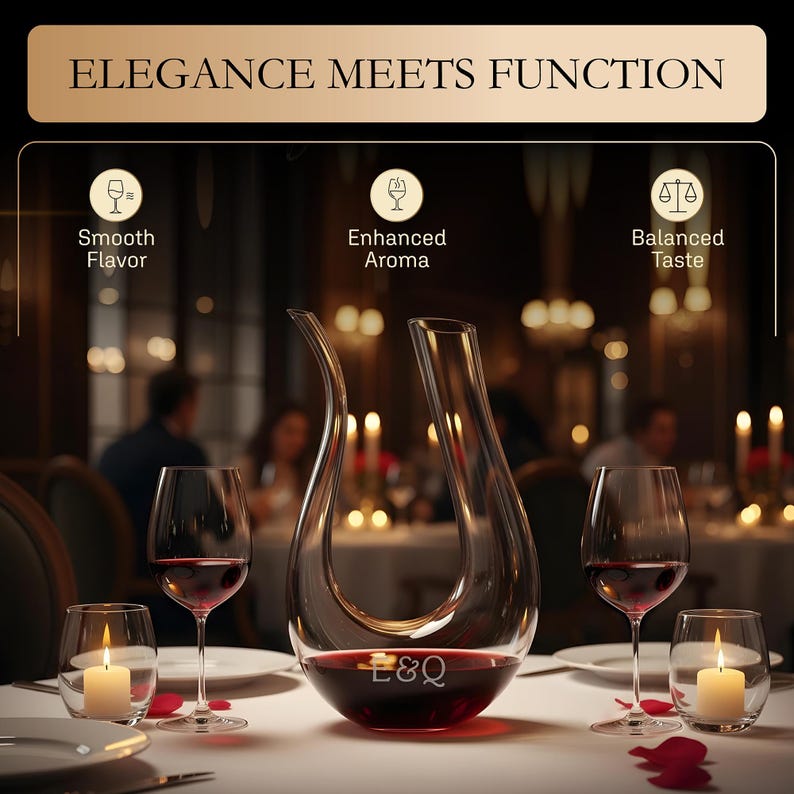 May include: A clear glass wine decanter filled with red wine, flanked by two wine glasses and two candlelit votives. The decanter has a unique, curved design. The text "Elegance Meets Function" is at the top of the image.