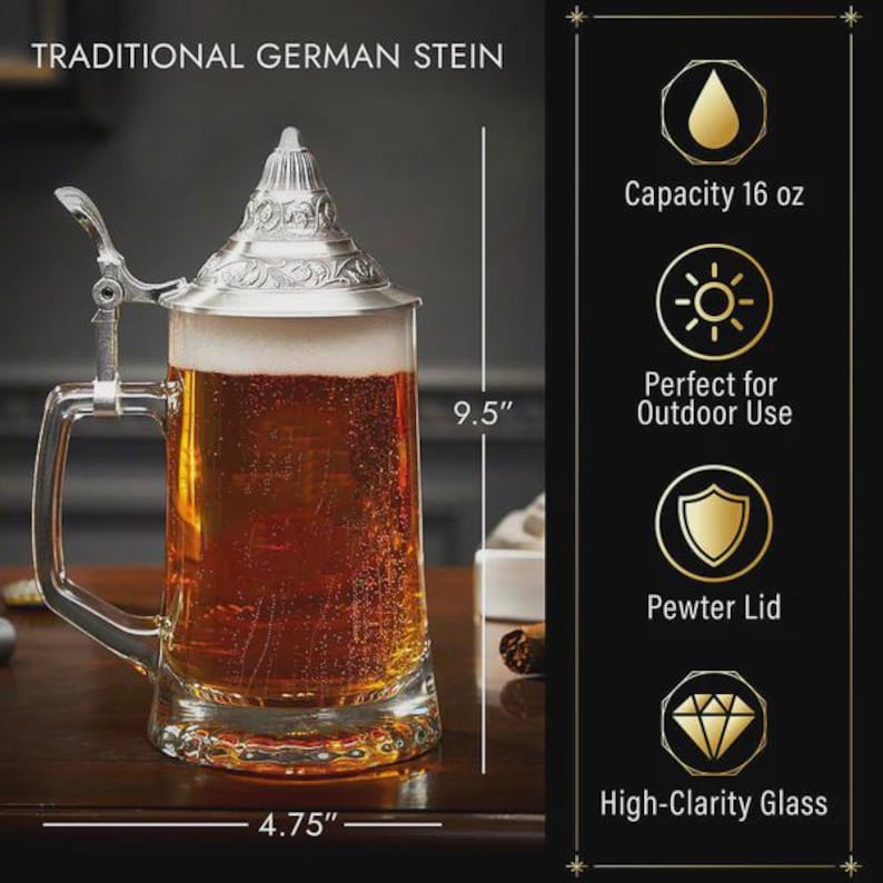 Engraved German Beer Stein, Pewter Lid Beer Mug, Vintage Oktoberfest Stein, Beer Lover Gift 画像 2