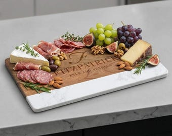 Personalized Marble Cutting Board - White Marble and Acacia Wood Cheese Board, Charcuterie Board Gift, Gift for Bridal Shower, Housewarming
