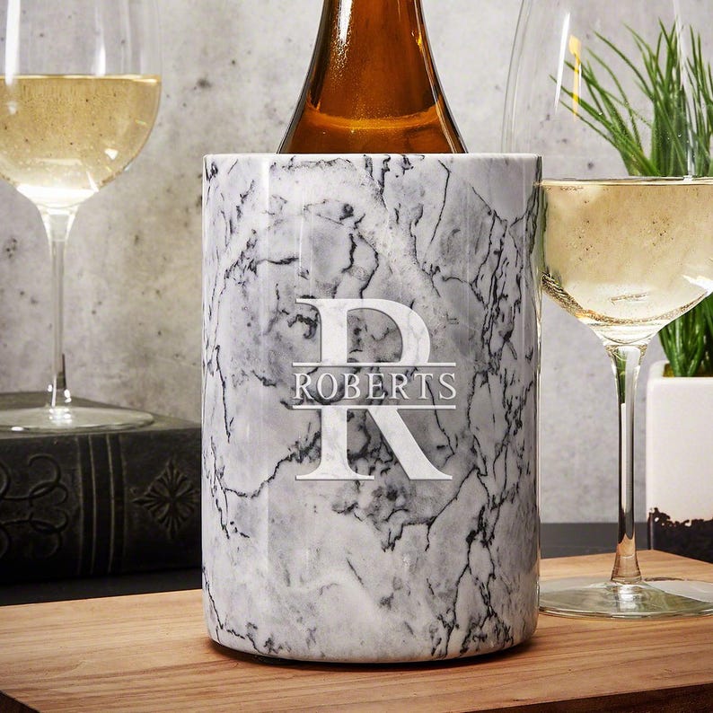 Engraved Champagne Bottle Chiller White Marble with Glasses - Champagne Bucket, Engagement Gift for Couples, Him and Her Gifts *