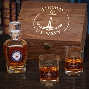 Personalized Navy Whiskey Decanter Gift Set - Personalized Decanter Whiskey Set, Navy Retirement Gift, Naval Academy Graduation
