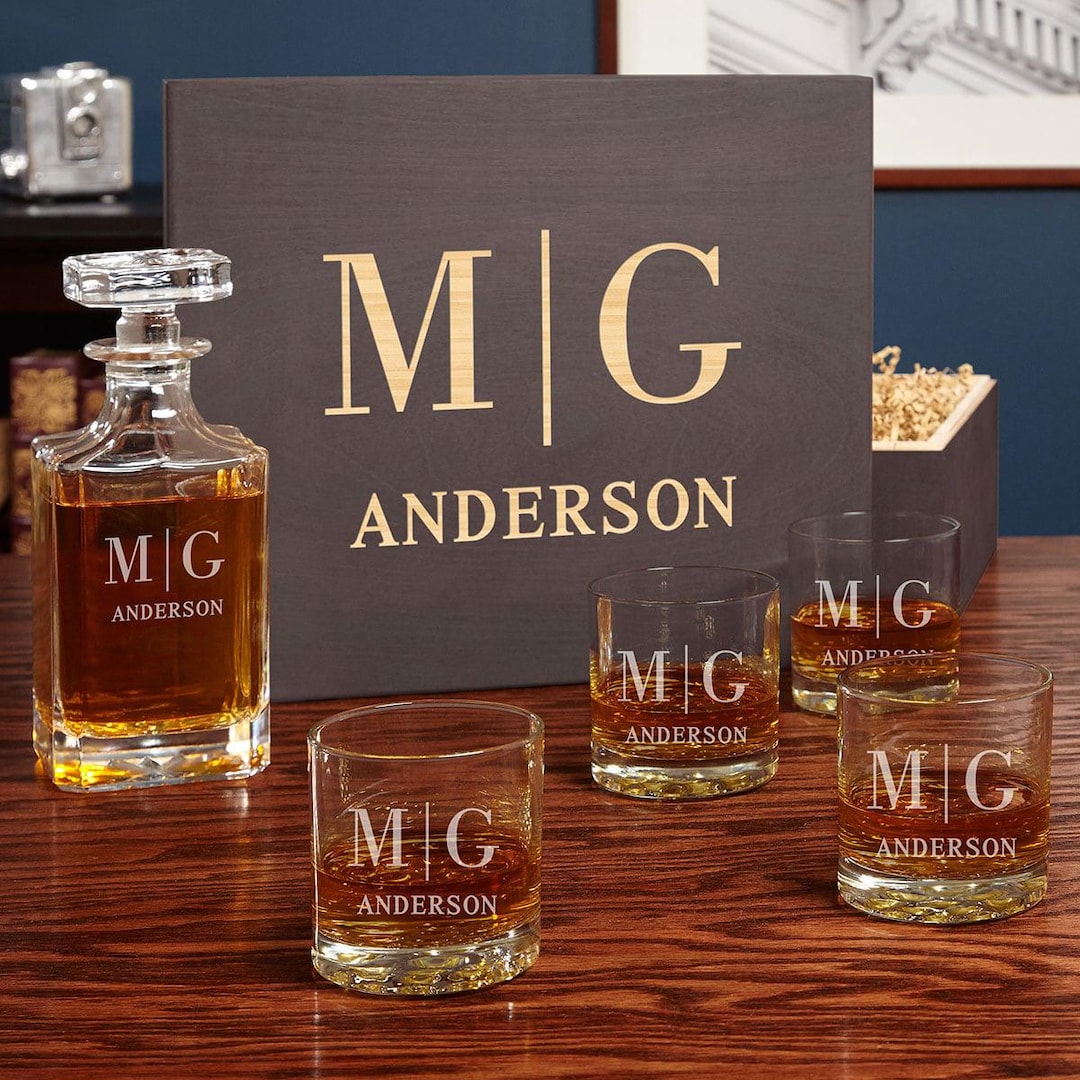 Custom Carson Whiskey Decanter Set Etched Rocks Glasses, Barware for ...