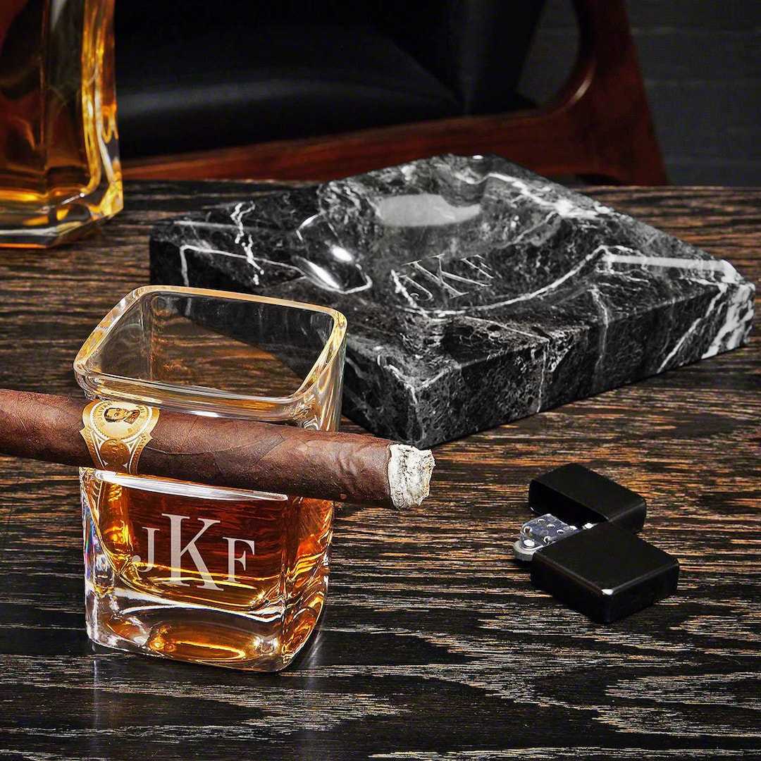 Engraved Square Marble Ashtray with Cigar Glass - Large Custom
