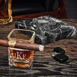 Engraved Square Marble Ashtray with Cigar Glass - Large Custom Cigar Ashtray with Engraved Square Whiskey Rocks Glass, Cigar Accessories