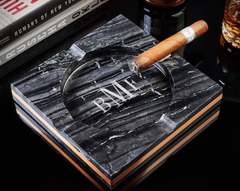 Custom Marble Large Cigar Ashtray - Engraved Black Square Ashtray Gift for Men
