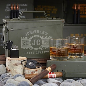 Engraved Ammo Can with Custom Whiskey Glasses -  Ammo Box Made in USA, Whiskey Lover Gift, Custom Ammo box, Etched Rocks Glasses