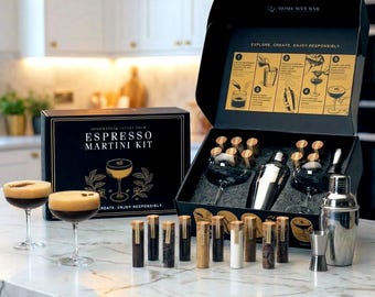 Velvet Pour Espresso Martini Kit - DIY Cocktail Gift, Silver Cocktail Shaker with Two Coupe Glasses