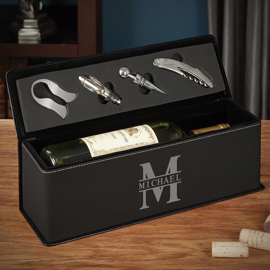 Custom Wine Box With Tool - Black Leather Wine Gift Box, Wine Gift for ...