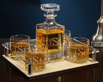 Custom Decanter Set with Tray - Engraved Whiskey Decanter, Custom Whiskey Glasses, Wedding Gift, Engraved Serving Tray, Anniversary Gift -