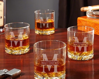 Custom Whiskey Glass Set of 4 - Etched Whiskey Glass Set, Dad Whiskey Glasses, Retirement Gift, Anniversary Gift, Set Options Available -