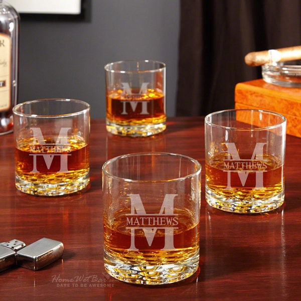 Custom Whiskey Glass Set of 4 - Etched Whiskey Glass Set, Dad Whiskey Glasses, Retirement Gift, Anniversary Gift, Set Options Available -