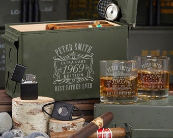 Custom 50 Cal Ammo Box Cigar Humidor Gift Set - Bourbon Glasses, Personalized Cigar Humidor Box Cigar Box, Retirement Gift for Men *