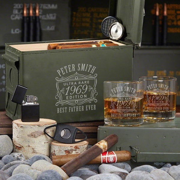 Custom 50 Cal Ammo Box Cigar Humidor Gift Set - Bourbon Glasses, Personalized Cigar Humidor Box Cigar Box, Retirement Gift for Men *