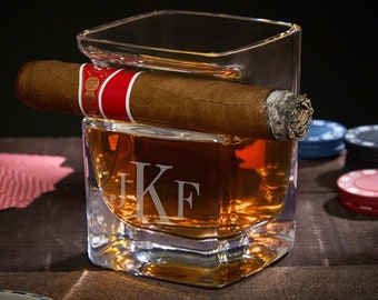 Engraved Whiskey and Cigar Glass - Personalized Gift for Him, Cigar Holder Whiskey Glass, Engraved Gifts for Him, Cigar Bourbon Glasses