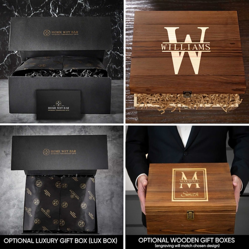 Pu&ograve; includere: Due diverse opzioni di scatola regalo per un bar a casa. La prima opzione &egrave; una scatola regalo di lusso nera con un logo dorato che dice "Home Wet Bar". La seconda opzione &egrave; una scatola regalo in legno con un design inciso personalizzato. La scatola in legno &egrave; mostrata con il nome "Williams" inciso su di essa.