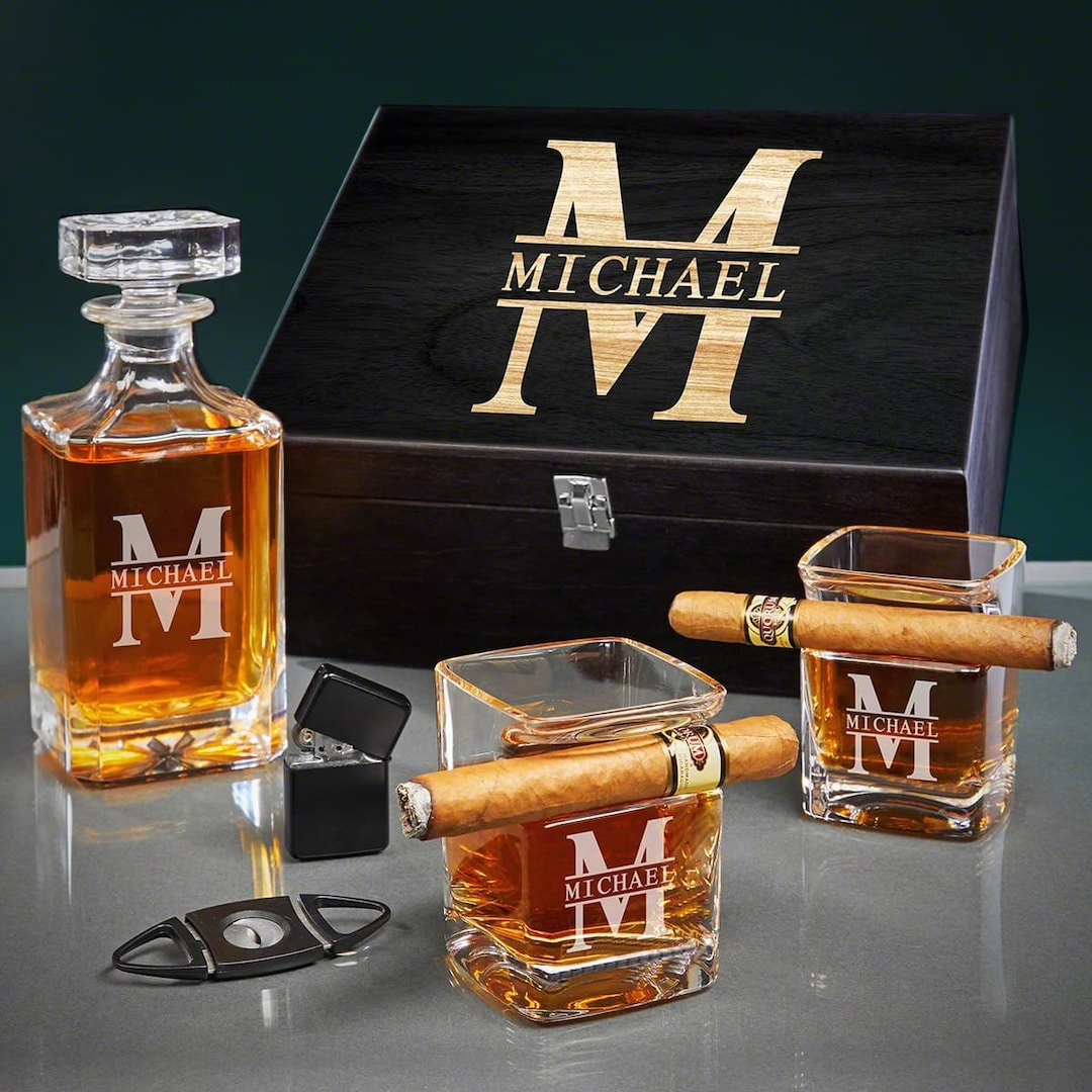 Personalized Whiskey Cigar Glass Set Whiskey and Cigar Gift, Cigar Accessories, Etched Decanter ...