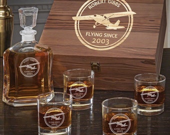 Custom Whiskey Gift Set for Pilots- Engraved Whiskey Decanter Set, Aviator Gift, Retirement Gift,  Pilot Decanter Set & Glasses -