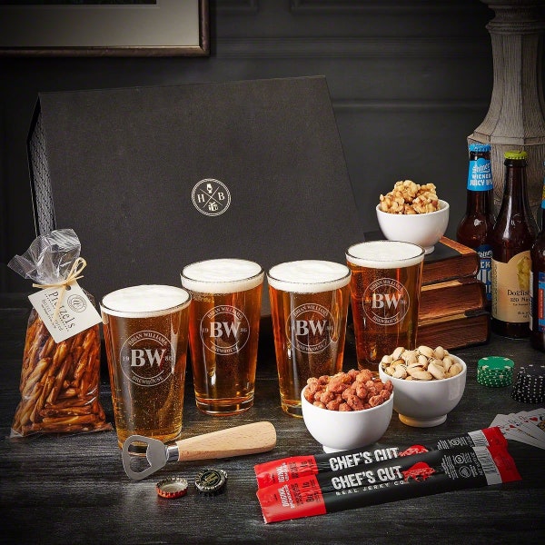 Ultimate Personalized Beer Basket Gift Set 13pc - Custom Pint Glasses, Custom Beer Glasses, Beer Lover Gift, Beer Gift Set