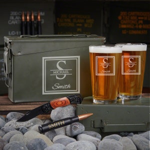 Custom Ammo Box Gift Set - Beer Lover Gift, Groomsmen Gifts, Etched Pint Glasses, Beer Accessories, Best Man Gifts, Engraved Ammo Can -