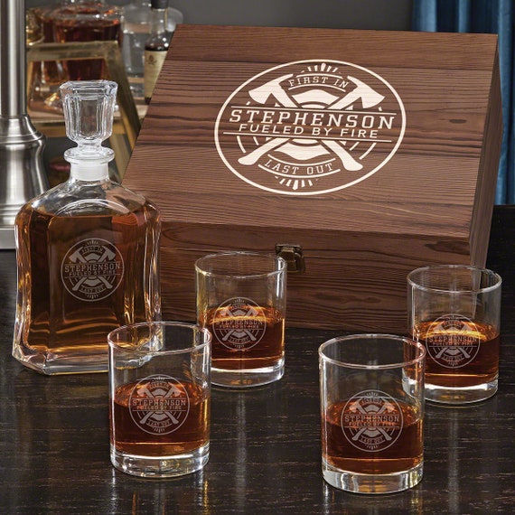 A firefighter-specific engraved decanter set with 102 favorites — the tight occupational niche makes this a genuinely thoughtful, hard-to-replicate gift.