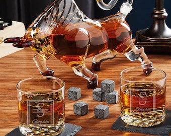 El Matador Bull Decanter with Etched Whiskey Glasses- Etched Rocks Glasses, Husbands Birthday, Whiskey Lover Gift, Retirement Gift -