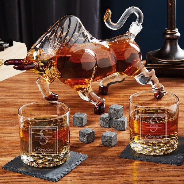 El Matador Bull Decanter with Etched Whiskey Glasses- Etched Rocks Glasses, Husbands Birthday, Whiskey Lover Gift, Retirement Gift -