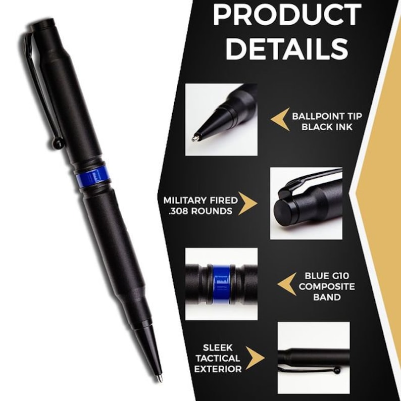 Custom .308 Bullet Pen with Thin Blue Line, featuring black ink and a sleek tactical exterior.